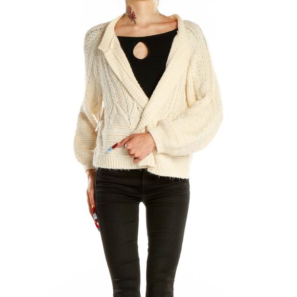 Lucky Brand Balloon Sleeve Open Front Cable Knit Cardigan Cream - Picture 1 of 10